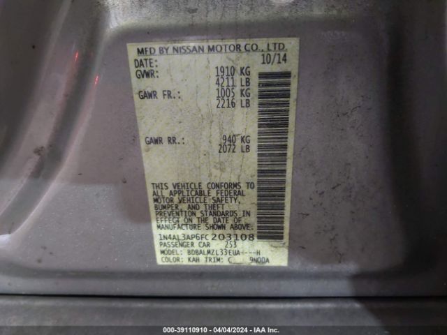 1N4AL3AP6FC203108 Nissan Altima 2.5 Sv