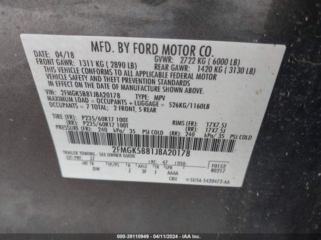 Ford FLEX SE 2018 2FMGK5B81JBA20178 Image 9