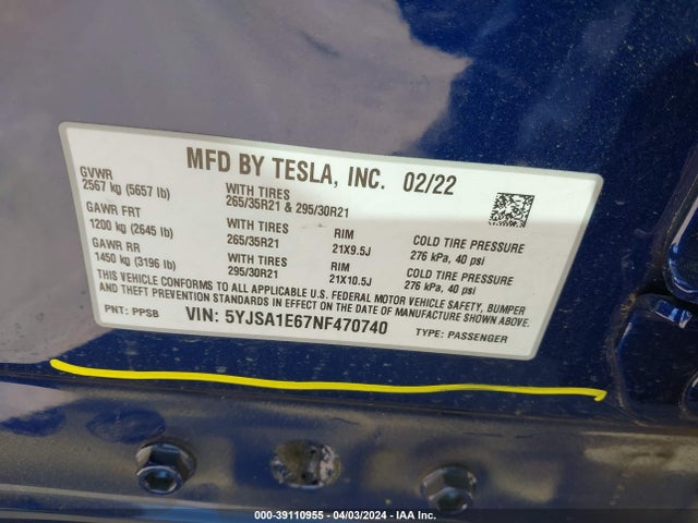 Tesla Model S Plaid Tri Motor All-wheel Drive 2022 5YJSA1E67NF470740 Image 8
