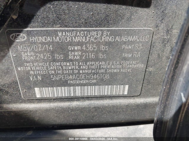 Hyundai SONATA GLS 2014 5NPEB4AC0EH946108 Image 9