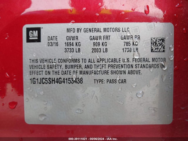Chevrolet Sonic Lt Auto 2016 1G1JC5SH4G4153438 Image 9
