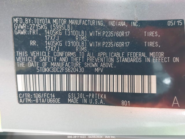 Toyota Sienna Le 8 Passenger 2015 5TDKK3DC2FS620430 Image 9