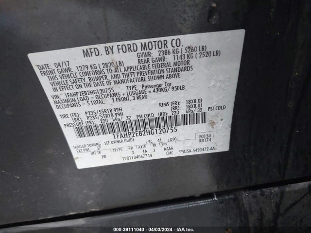 Ford TAURUS SEL 2017 1FAHP2E82HG120755 Image 9
