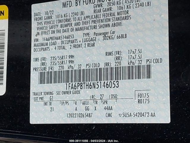 1FA6P8TH6N5146053 Ford Mustang Ecoboost Fastback
