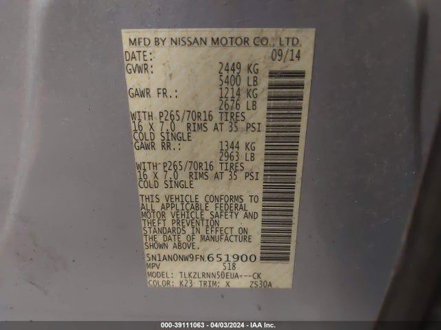 Nissan Xterra S 2015 5N1AN0NW9FN651900 Image 9
