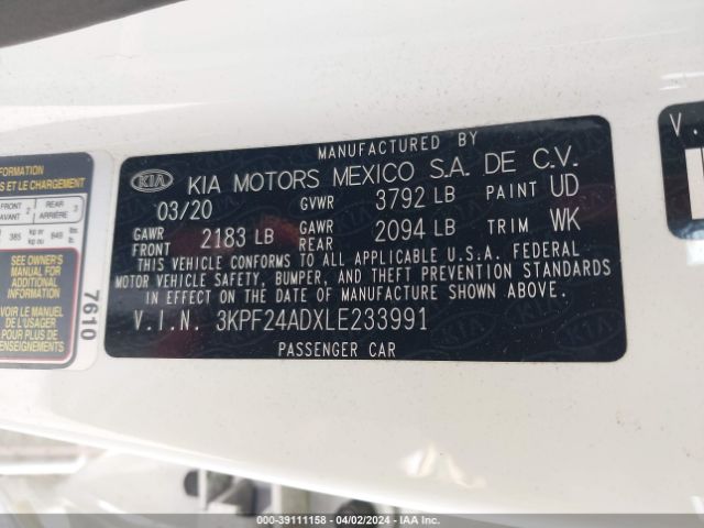 3KPF24ADXLE233991 KIA Forte Lxs