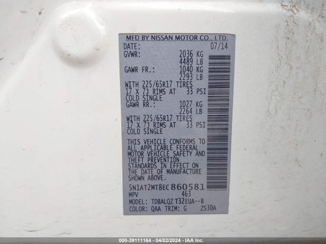 Nissan ROGUE SV 2014 5N1AT2MT8EC860581 Image 9