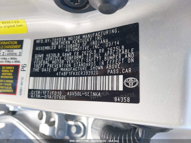 Toyota CAMRY LE 2014 4T4BF1FKXER393920 Image 9