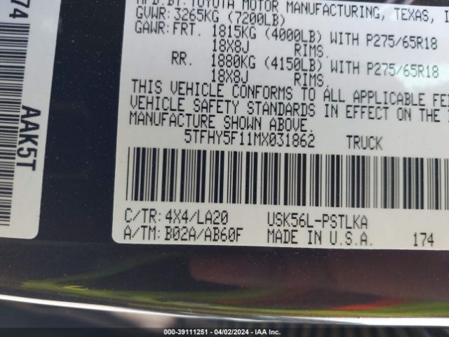 5TFHY5F11MX031862 Toyota Tundra Limited