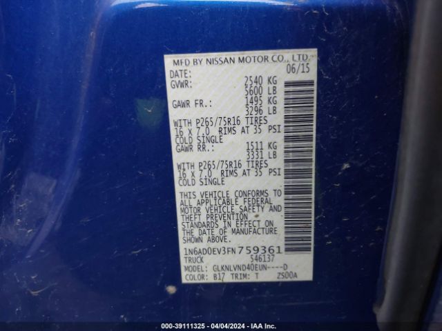 1N6AD0EV3FN759361 Nissan Frontier Pro-4x