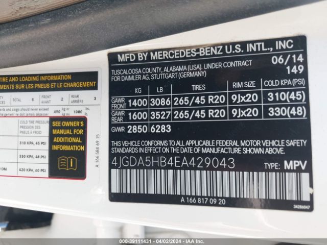 4JGDA5HB4EA429043 Mercedes-Benz Ml 350 4matic