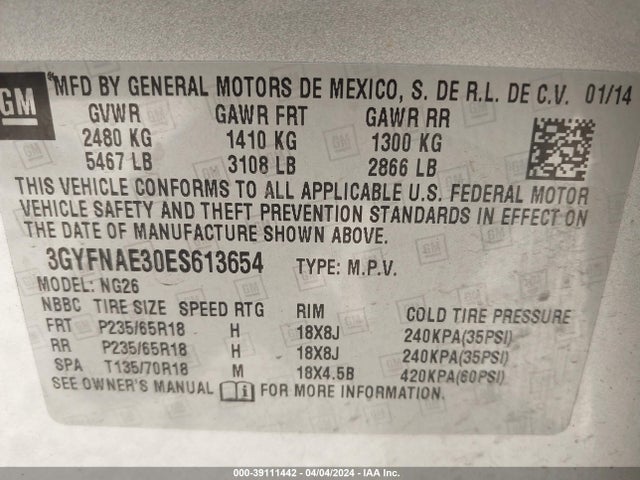 3GYFNAE30ES613654 Cadillac Srx Standard
