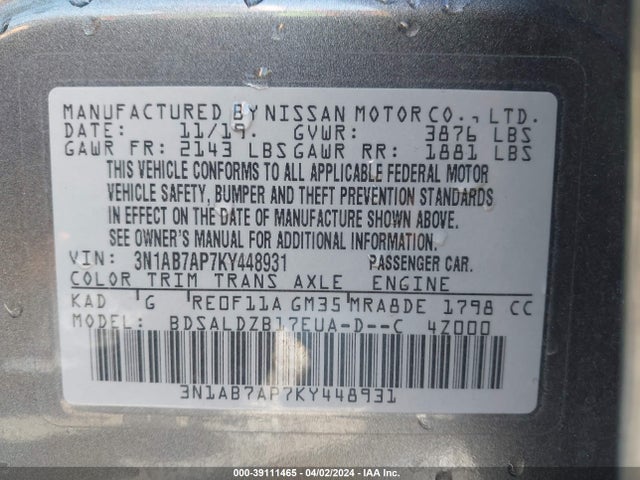 Nissan SENTRA SV 2019 3N1AB7AP7KY448931 Image 9
