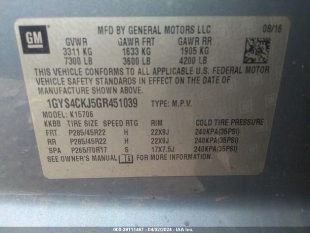 1GYS4CKJ5GR451039 Cadillac Escalade Premium Collection