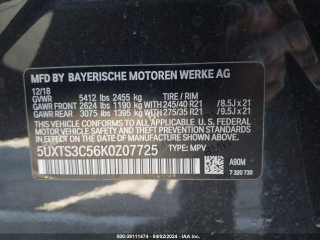 5UXTS3C56K0Z07725 BMW X3 M40i