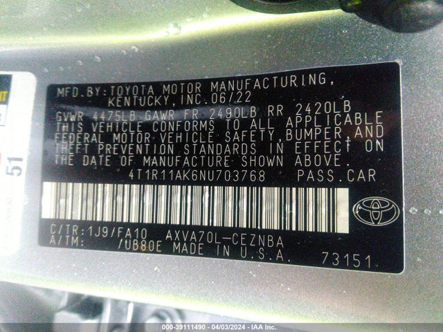 Toyota CAMRY LE 2022 4T1R11AK6NU703768 Image 9