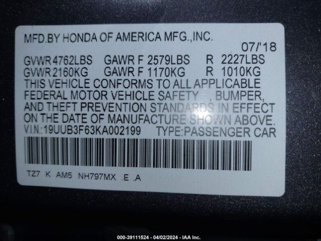 19UUB3F63KA002199 Acura Tlx Tech   A-spec Pkgs