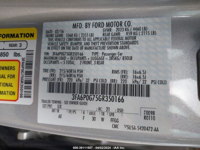 3FA6P0G75GR350166 Ford FUSION S