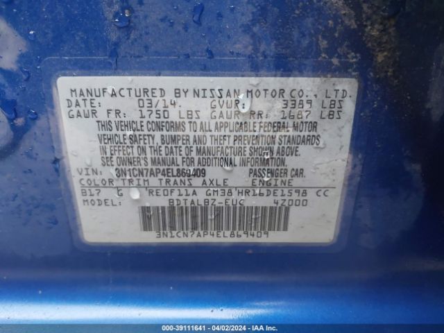3N1CN7AP4EL869409 Nissan Versa 1.6 Sv