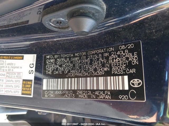 Toyota COROLLA LE 2021 JTDEPMAE5MJ134389 Image 9