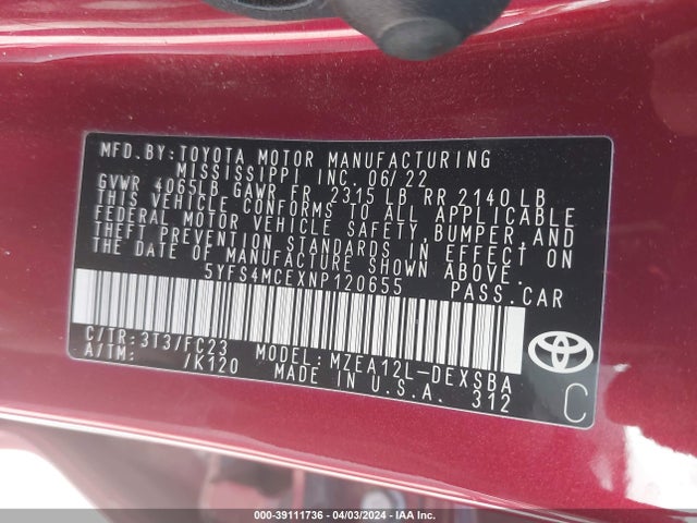 Toyota COROLLA SE 2022 5YFS4MCEXNP120655 Image 9