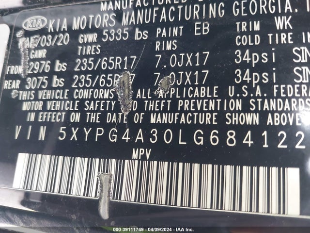 KIA Sorento 2.4l Lx 2020 5XYPG4A30LG684122 Image 9