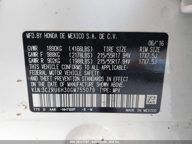 Honda HR-V LX 2016 3CZRU6H30GM755079 Image 9