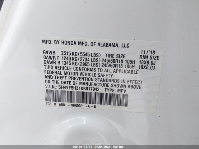 Honda Pilot Ex 2019 5FNYF5H31KB017942 Image 9