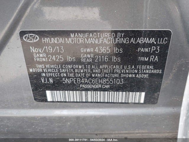 Hyundai SONATA GLS 2014 5NPEB4AC6EH855103 Image 9