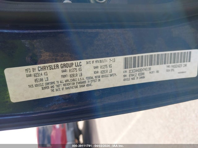 39111791 :رقم المزاد ، 2C3CDXHG9DH745198 vin ، 2013 Dodge Charger Sxt مزاد بيع