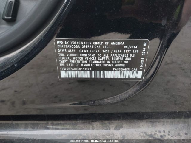 1VWCN7A33EC110270 Volkswagen Passat 2.0l Tdi Sel Premium