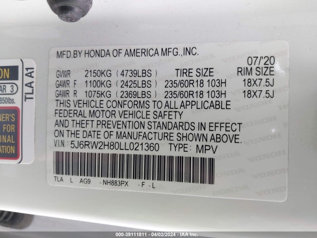 Honda Cr-v Awd Ex-l 2020 5J6RW2H80LL021360 Image 9