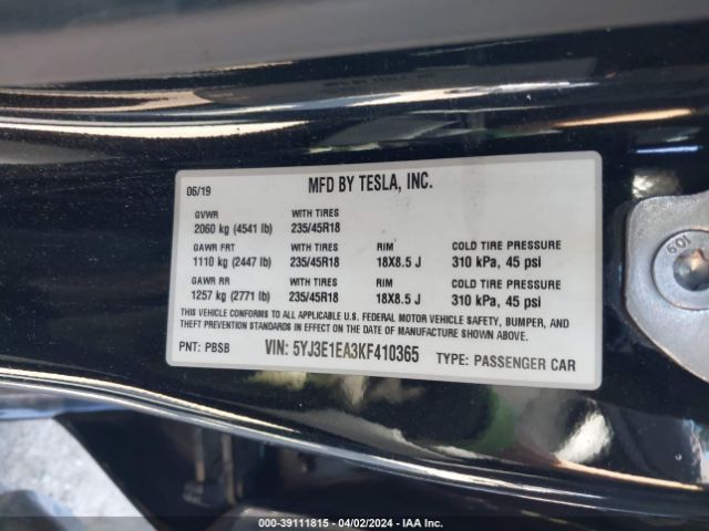5YJ3E1EA3KF410365 Tesla MODEL 3
