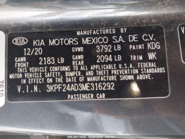 3KPF24AD3ME316292 KIA Forte Lxs