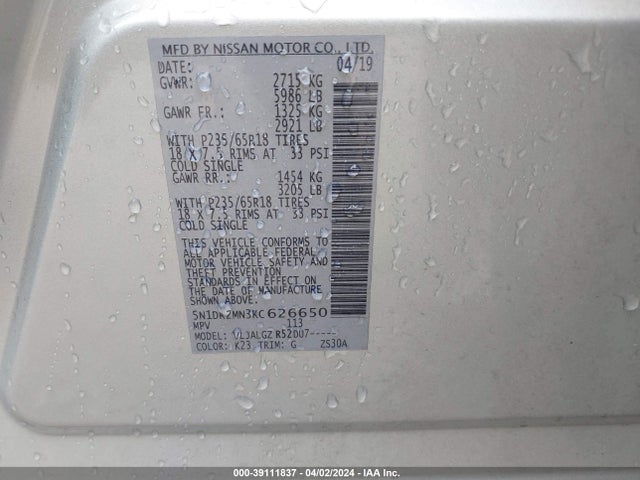 Nissan Pathfinder Sl 2019 5N1DR2MN3KC626650 Image 9