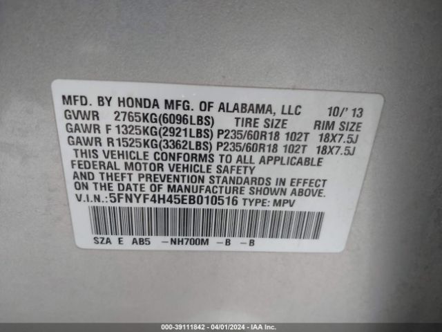 5FNYF4H45EB010516 Honda Pilot Ex