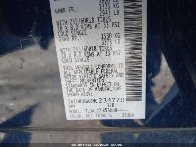5N1DR3BA0NC234770 Nissan Pathfinder Sv 2wd