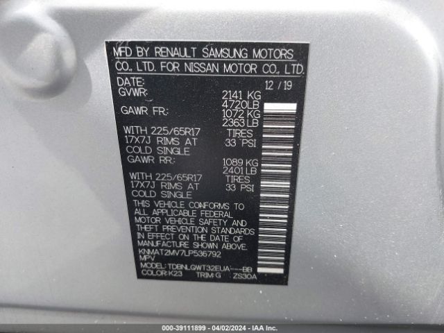 KNMAT2MV7LP536792 Nissan Rogue Sv Intelligent Awd