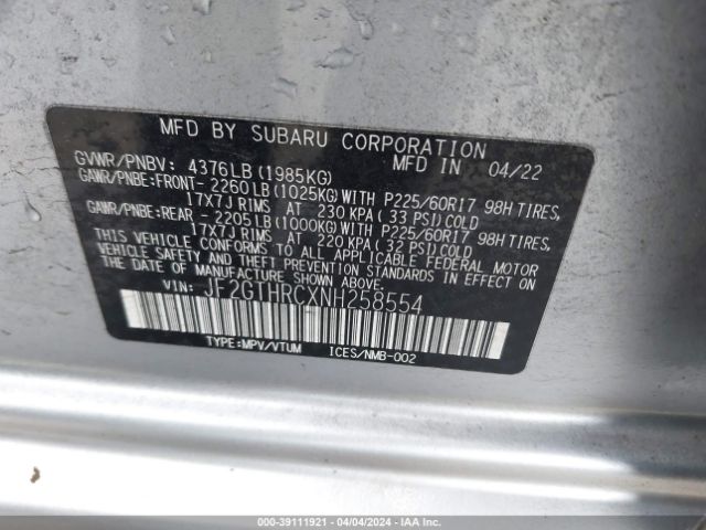 JF2GTHRCXNH258554 Subaru Crosstrek Sport