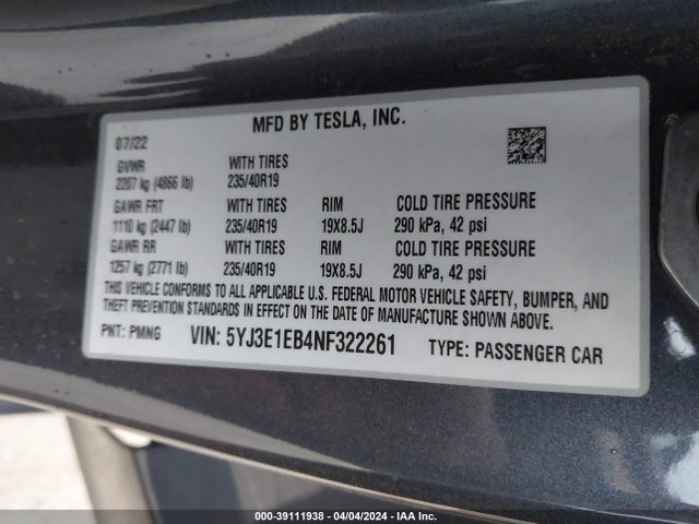 Tesla Model 3 Long Range Dual Motor All-wheel Drive 2022 5YJ3E1EB4NF322261 Image 9