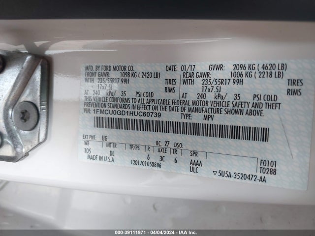 Ford ESCAPE SE 2017 1FMCU0GD1HUC60739 Image 9