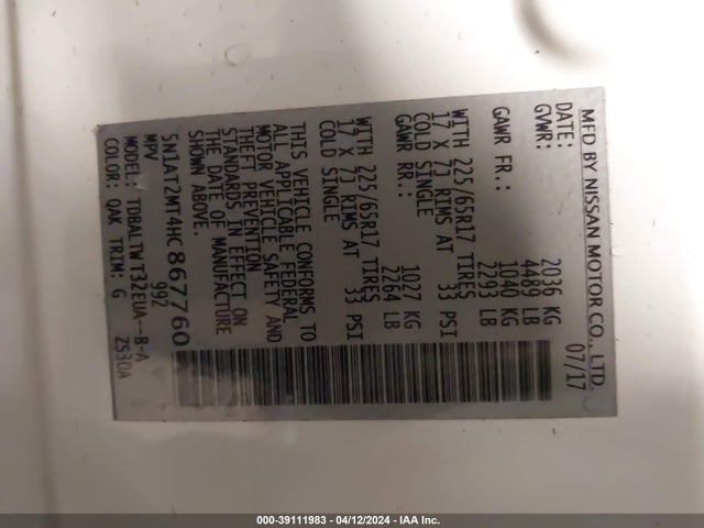 Nissan ROGUE SV 2017 5N1AT2MT4HC867760 Image 9