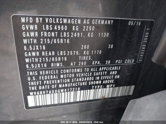 WVGBV7AX9GW617219 Volkswagen TIGUAN S