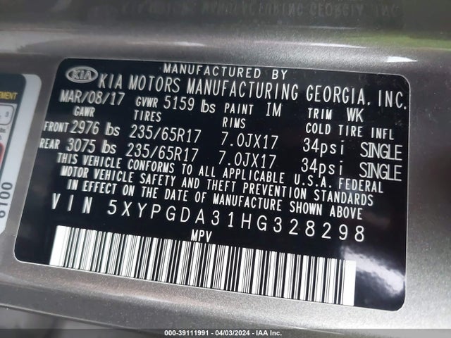 KIA Sorento 2.4l Lx 2017 5XYPGDA31HG328298 Image 9