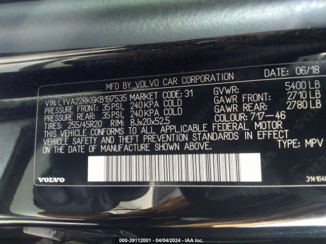 LYVA22RK6KB197535 Volvo Xc60 T6 Momentum