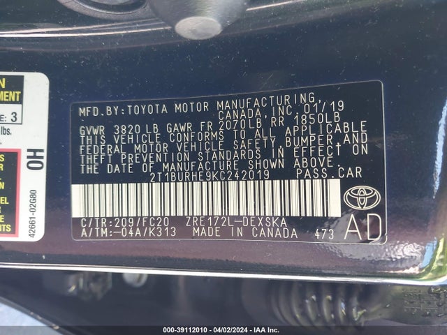 Toyota COROLLA SE 2019 2T1BURHE9KC242019 Image 9