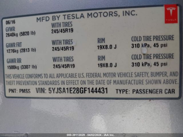 5YJSA1E28GF144431 Tesla Model S 60d/70d/75d/85d/90d