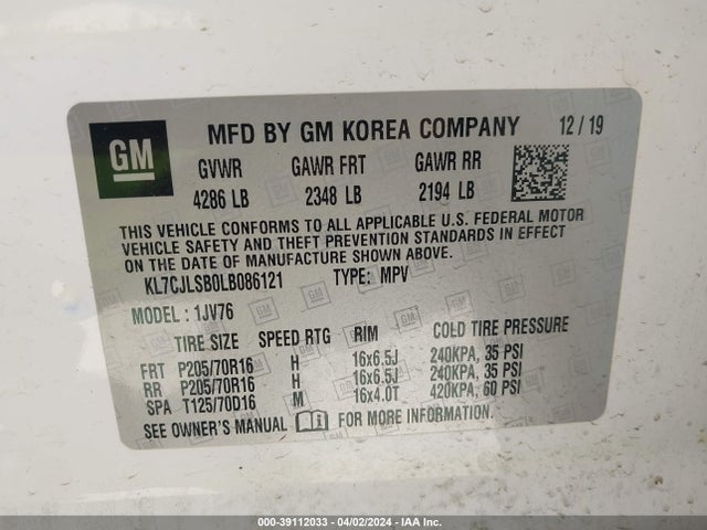 Chevrolet Trax Fwd Lt 2020 KL7CJLSB0LB086121 Image 9