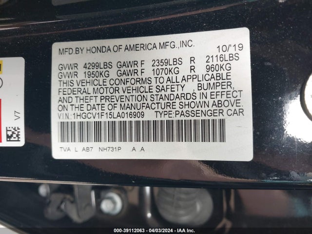 Honda ACCORD LX 2020 1HGCV1F15LA016909 Image 9