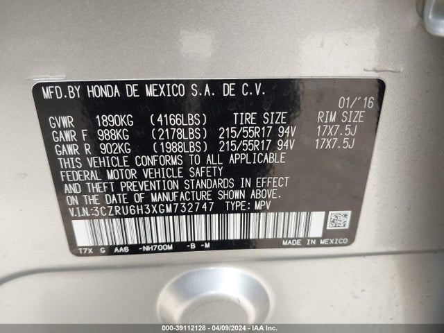 Honda HR-V LX 2016 3CZRU6H3XGM732747 Image 9